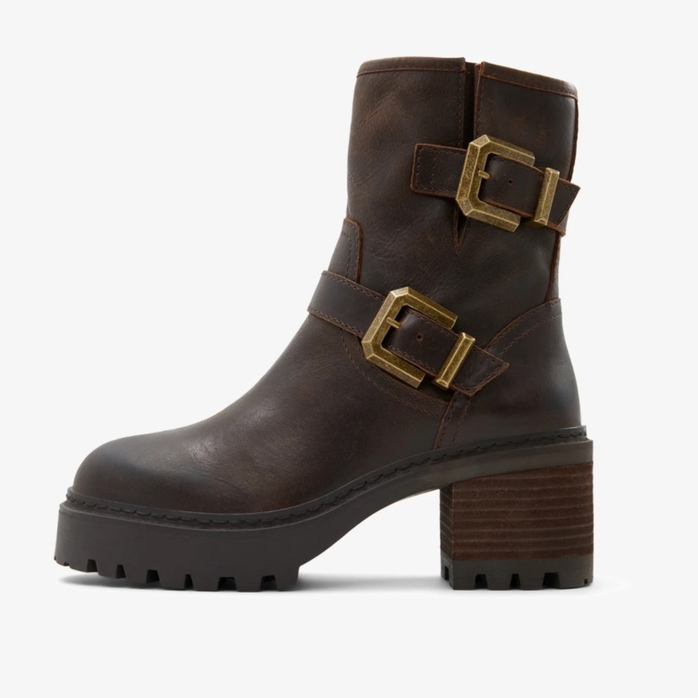 ALDO Palomino Dark Brown Combat Boots with Gold Buckles